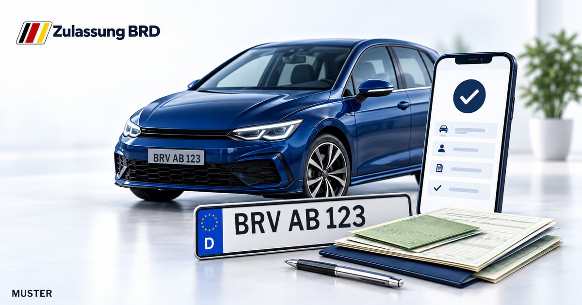 Online Fahrzeugzulassung in Bremervörde: Musterkennzeichen BRV AB 123, Auto und Fahrzeugpapiere und Smartphone. Illustration mit Logo von Zulassung BRD.